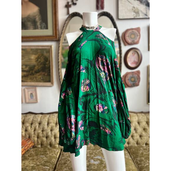 FP Green Floral Cold Shoulder Mini Dress Size Small - Picture 2 of 7